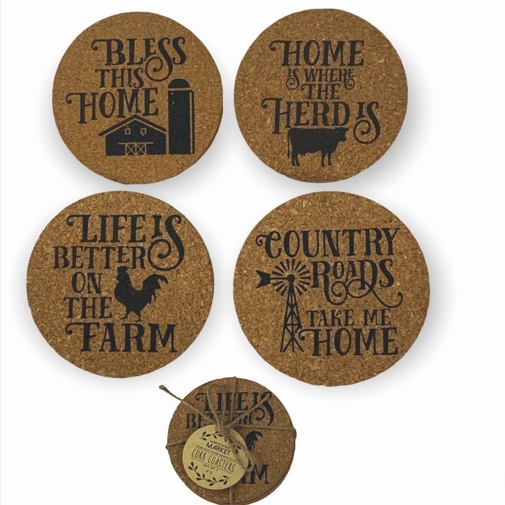 Cork Coaster Set Farmhouse Country Farm Phrases Natural Cork 4 Piece NEW